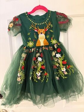 Girls' Green Deer Embroidered Tulle Party Dress